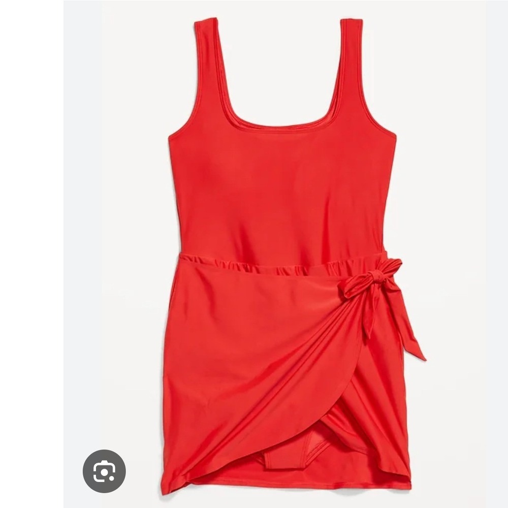 old navy matte side tie swim dress small red summer chic pool vacation tomato